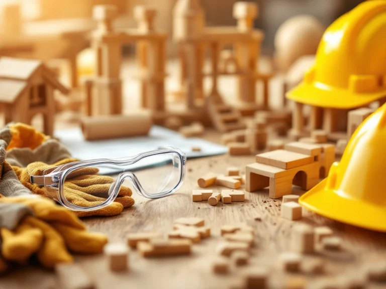 Wooden construction kit pieces with safety equipment including goggles, gloves and hard hat on workbench with toy blocks