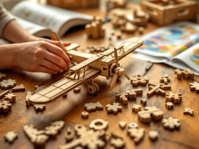 Child's hands assembling wooden airplane model from construction kit pieces on wooden table with instruction manuals nearby