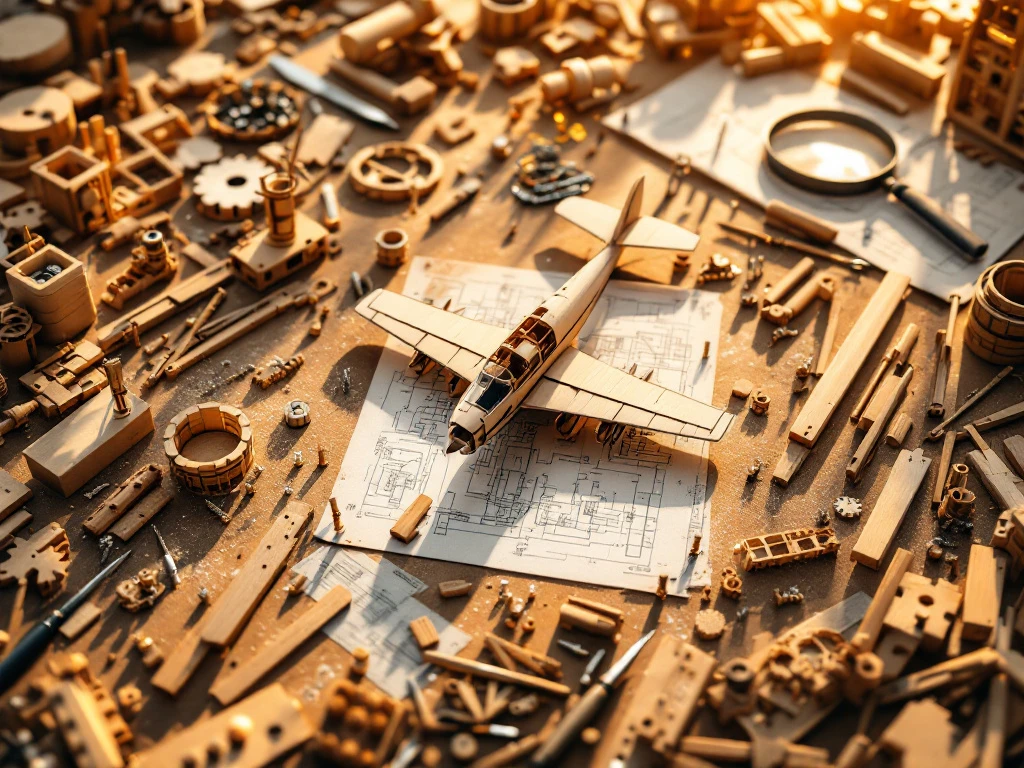 Wooden model airplane construction kit with cut pieces, tools, and instruction sheets on workshop table in warm lighting