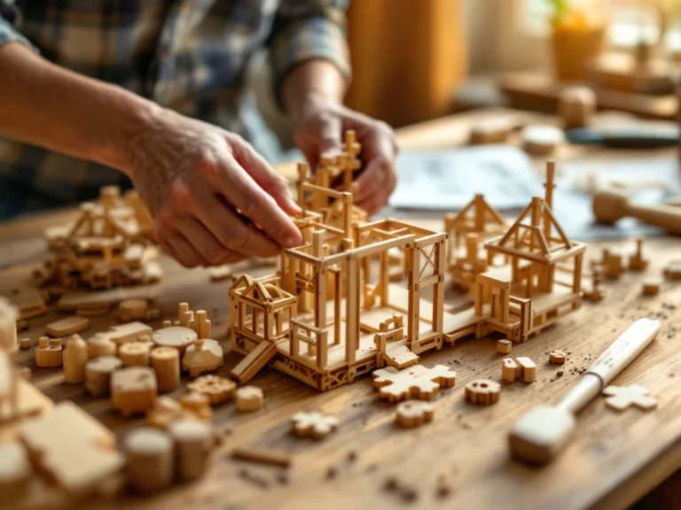 Adult hands assembling wooden construction kit on workbench with tools and instruction manual in warm lighting.