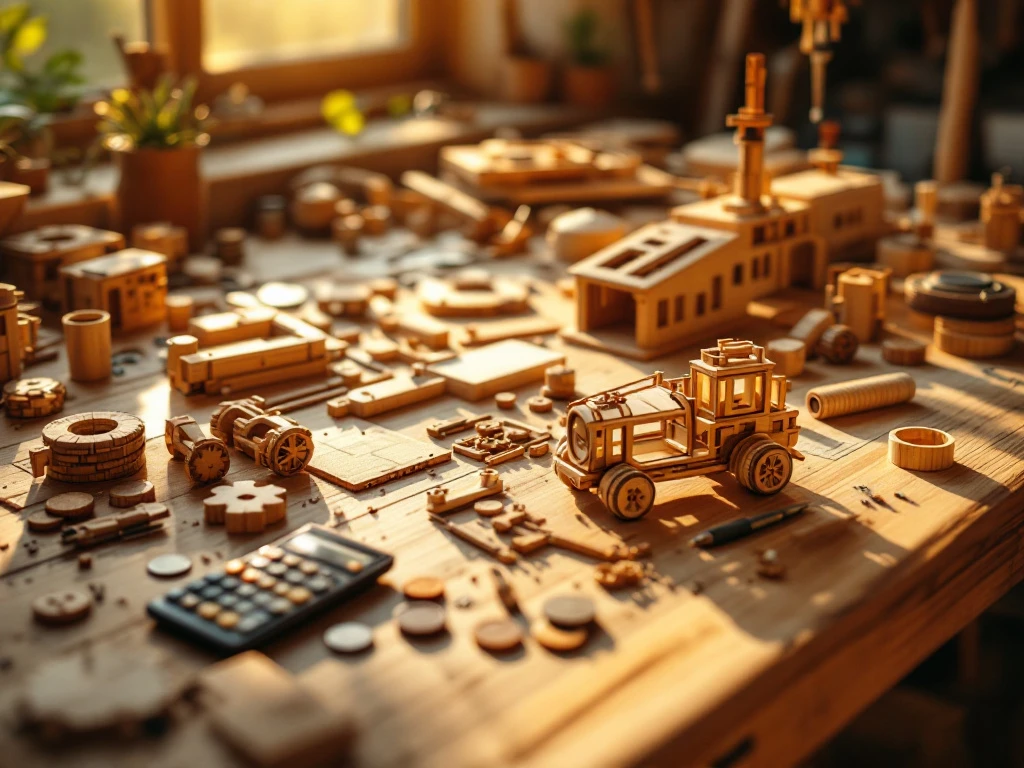 Wooden building kit components and assembly instructions on oak workbench with calculator, lit by golden sunlight