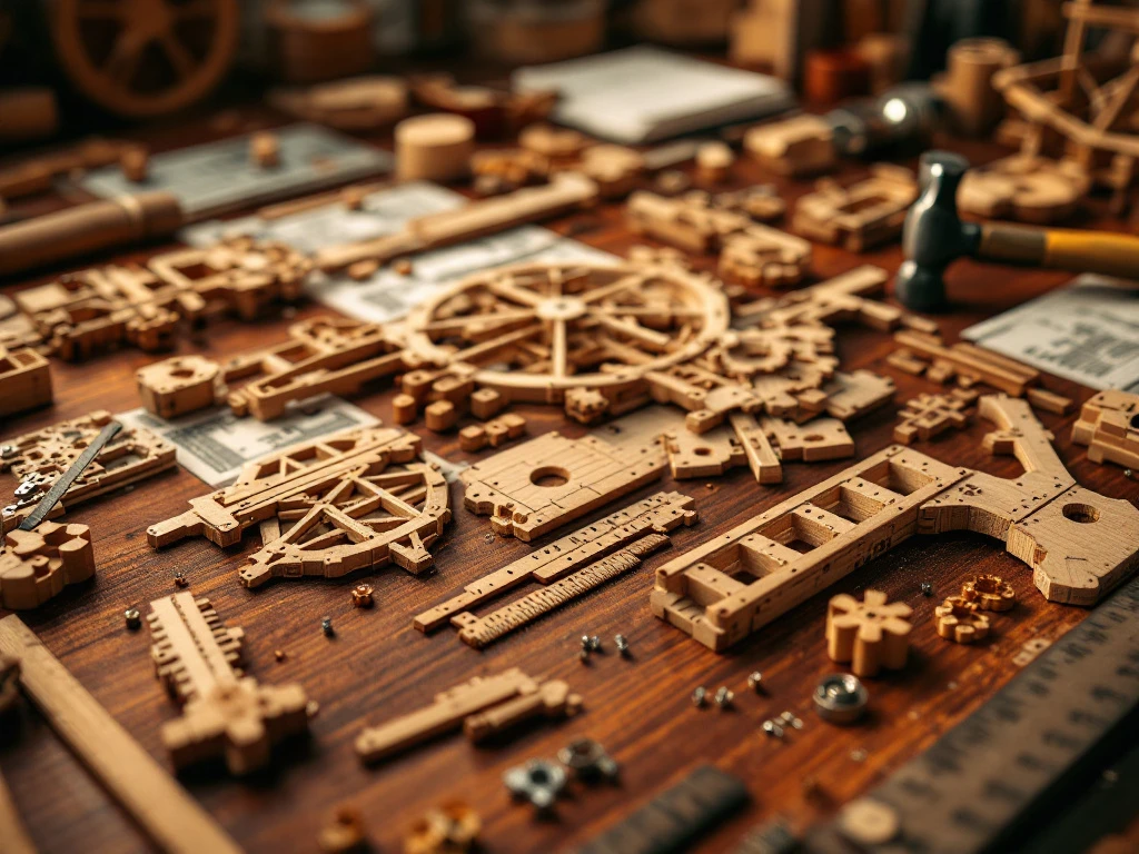 Wooden construction kit pieces with metal fasteners and instruction diagrams spread on mahogany workbench with tools