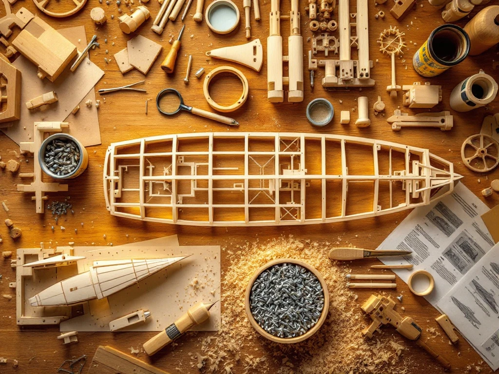 Wooden model building kit with laser-cut pieces, tools, and instruction manual arranged on oak workbench under warm lighting.