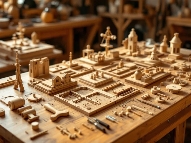 Wooden construction kit pieces and tools arranged on polished workbench with warm lighting and rich wood grain textures.
