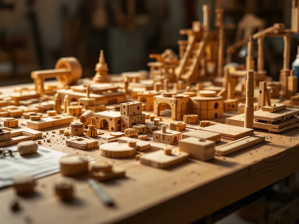 Wooden construction kit pieces with natural grain spread on workbench with hammer, glue and manual in warm workshop lighting