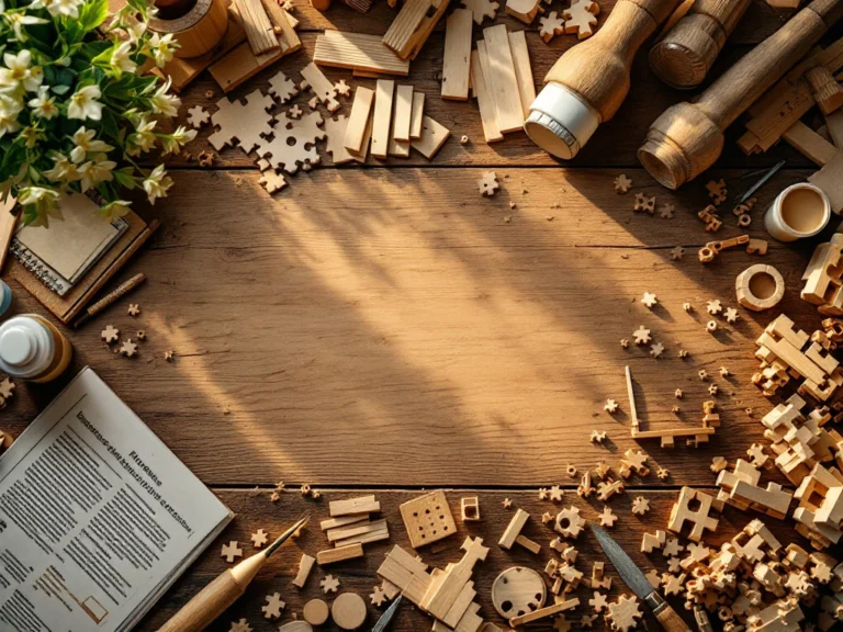 Wooden workbench with scattered building kit components, instruction manual, and woodworking tools in warm workshop lighting