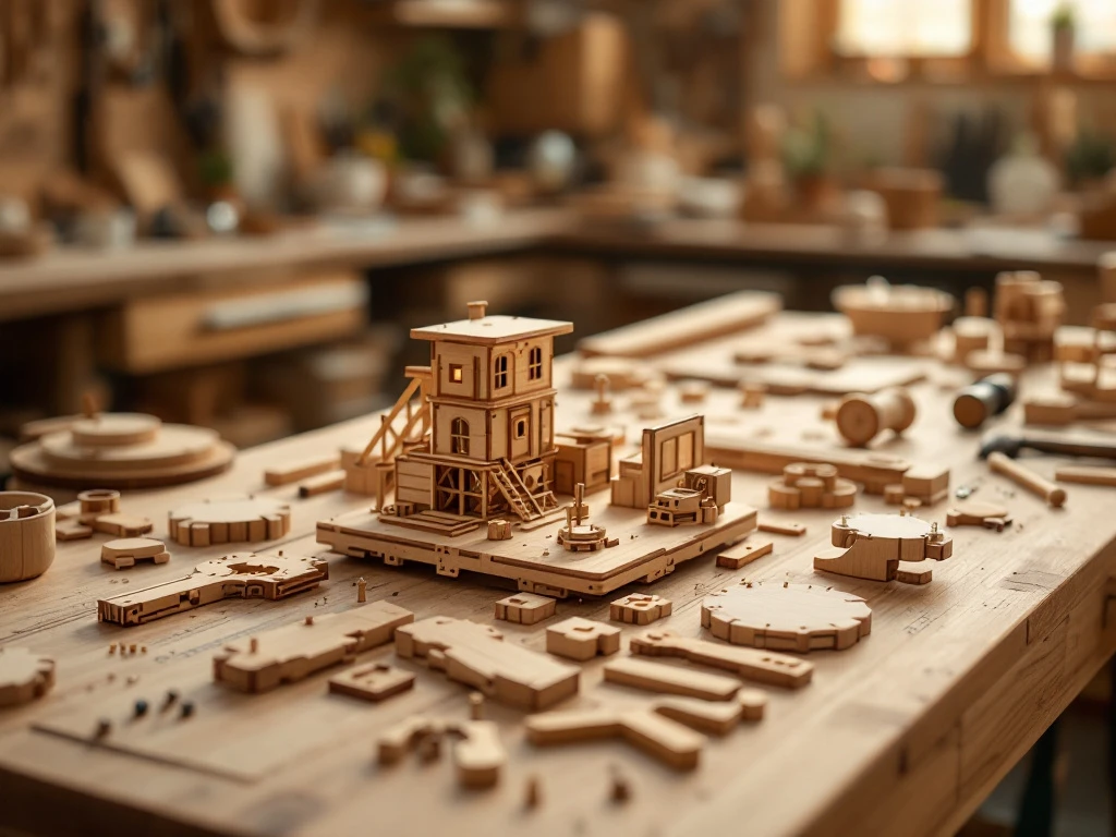 Wooden construction kit with precision-cut pieces and assembly tools arranged on workbench, showing partially built model