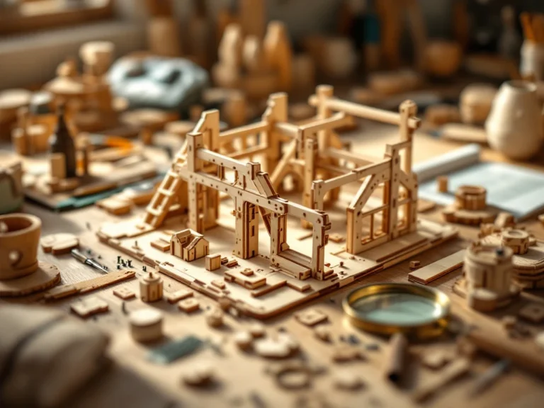 Wooden building kit components and tools arranged on workbench with partially assembled model, instruction manual visible.