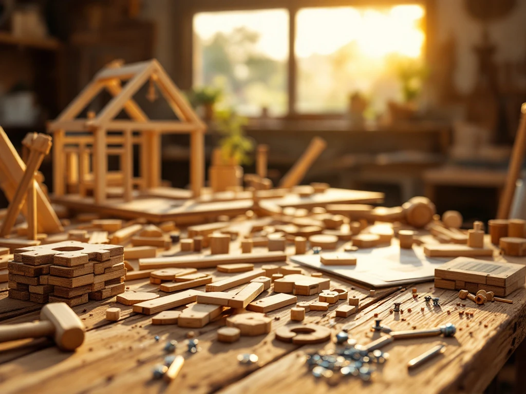 Wooden construction kit pieces and tools arranged on rustic workbench with natural lighting in workshop setting