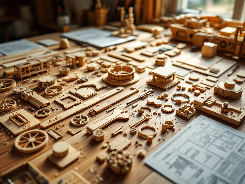 Wooden model building kit with precision-cut pieces, tools, and instruction manual on oak workbench in natural lighting