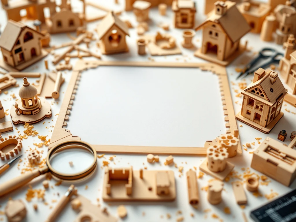 Wooden construction kit with precision-cut pieces, dowels, and partially assembled models including birdhouse and puzzle box on workbench