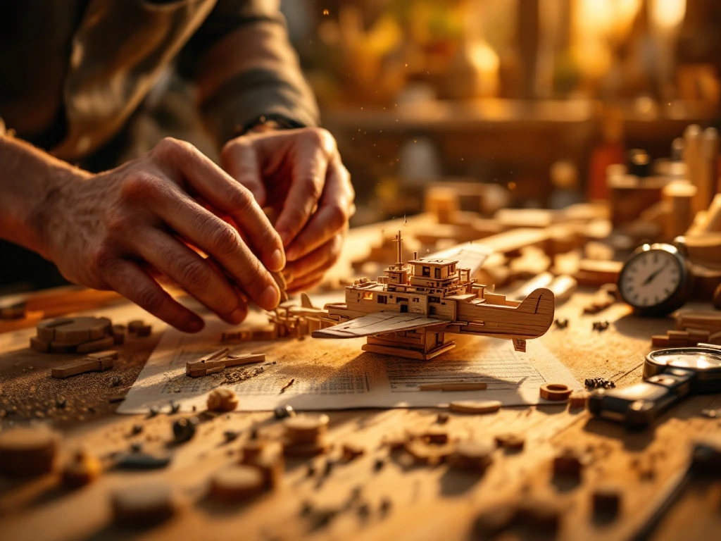 Hands assembling wooden construction kit model airplane on oak workbench with tools, screws, and sawdust in workshop lighting.