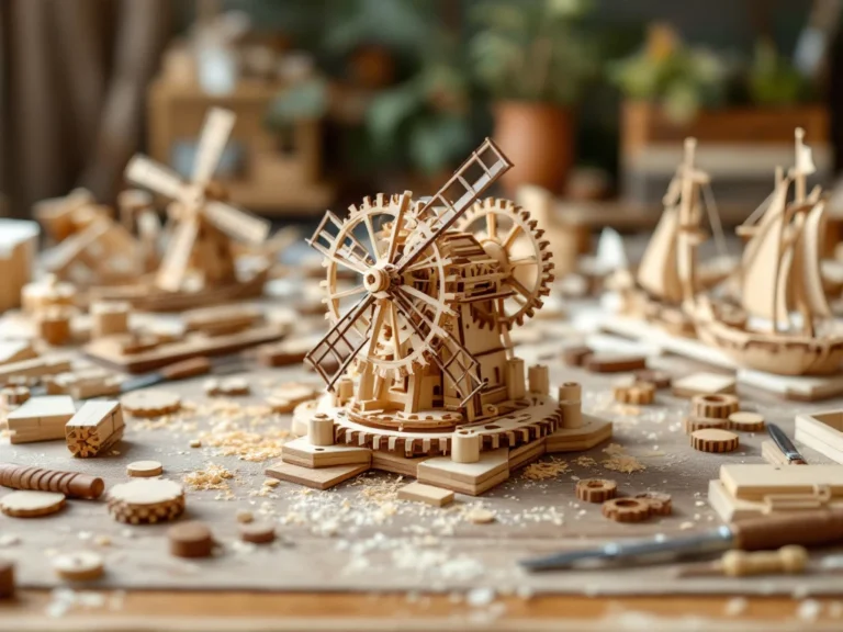 Wooden construction kit with gear system, miniature tools, and partially built windmill and ship models on oak workbench