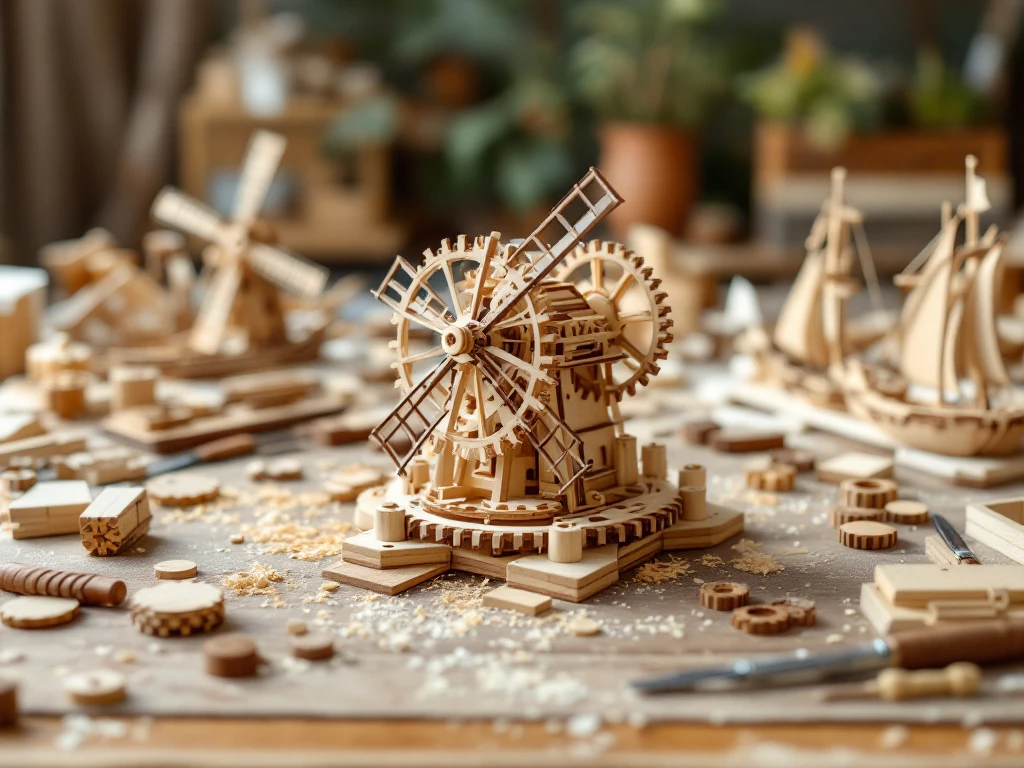 Wooden construction kit with gear system, miniature tools, and partially built windmill and ship models on oak workbench