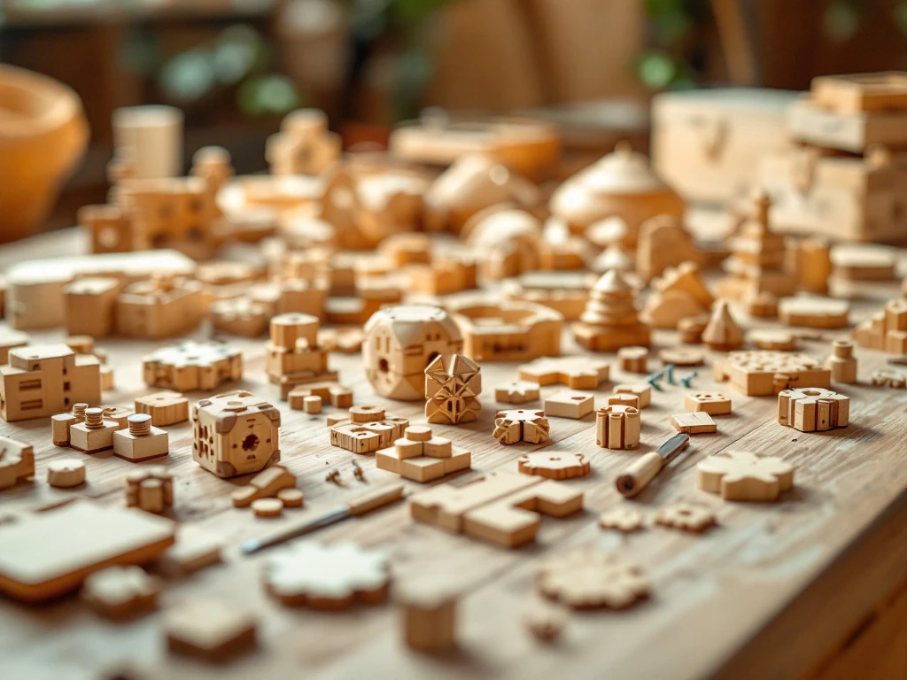 Wooden construction kit with cut pieces, screws and assembly tools on workshop table with completed puzzle models in background
