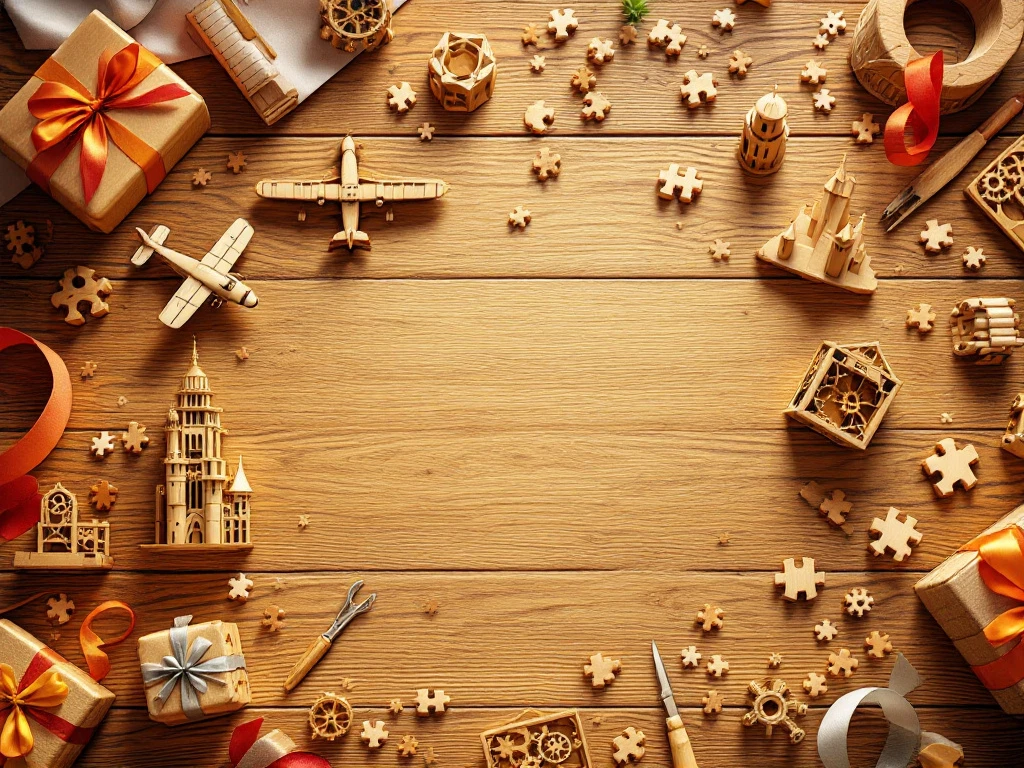 Wooden construction kits with airplane, castle, and puzzle models on oak surface with tools, scattered pieces, and gift wrapping