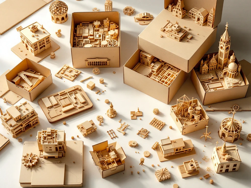 Wooden model building kits and puzzle boxes arranged on white surface with partially assembled architectural models