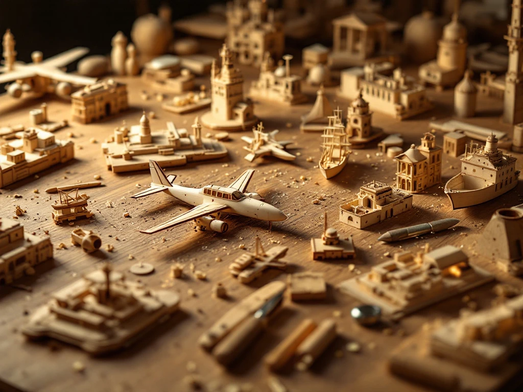 Premium wooden model kits of aircraft, ships and buildings arranged on oak workbench with crafting tools and wood shavings