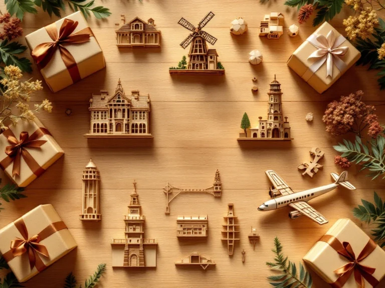 Houten bouwpakketten met windmolen, vuurtoren en vliegtuig op eiken tafel, omringd door cadeaudozen met linten.