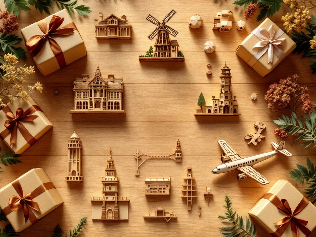 Houten bouwpakketten met windmolen, vuurtoren en vliegtuig op eiken tafel, omringd door cadeaudozen met linten.