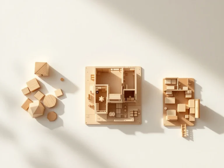 Three wooden construction kits on white surface showing beginner to advanced difficulty levels from chunky shapes to intricate furniture pieces.