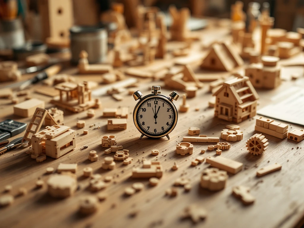 Wooden construction kits at various assembly stages on workbench with stopwatch, highlighting fast-build models in focus