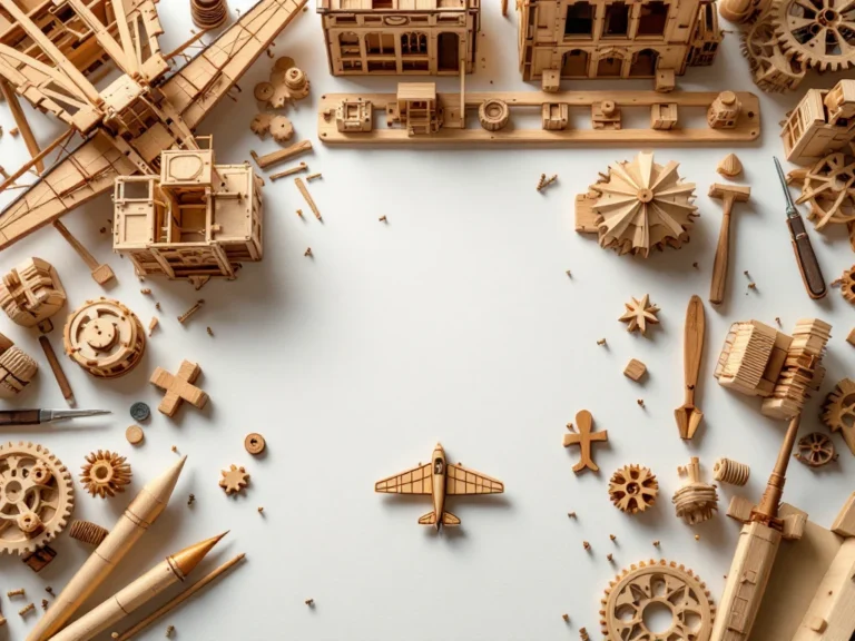 Premium wooden construction kits including airplane models and architectural building sets arranged on white surface