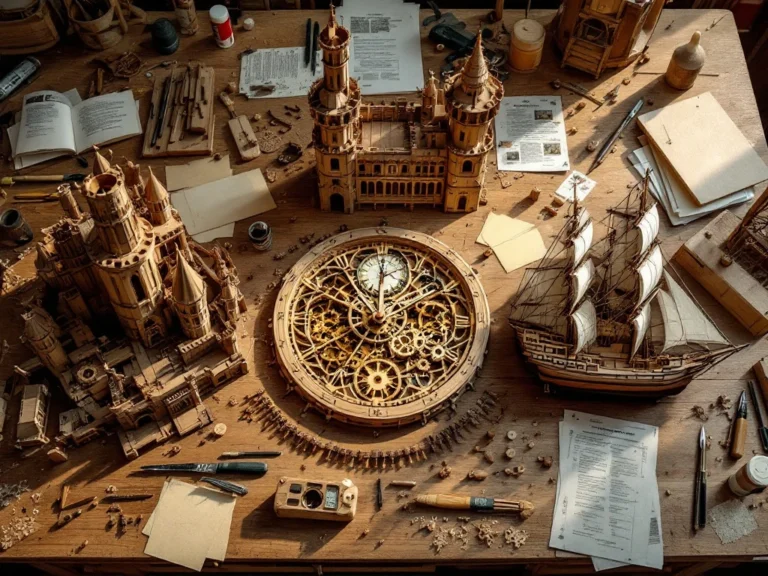 Wooden workbench with three building kits in progress: medieval castle, mechanical clock, and ship model with tools