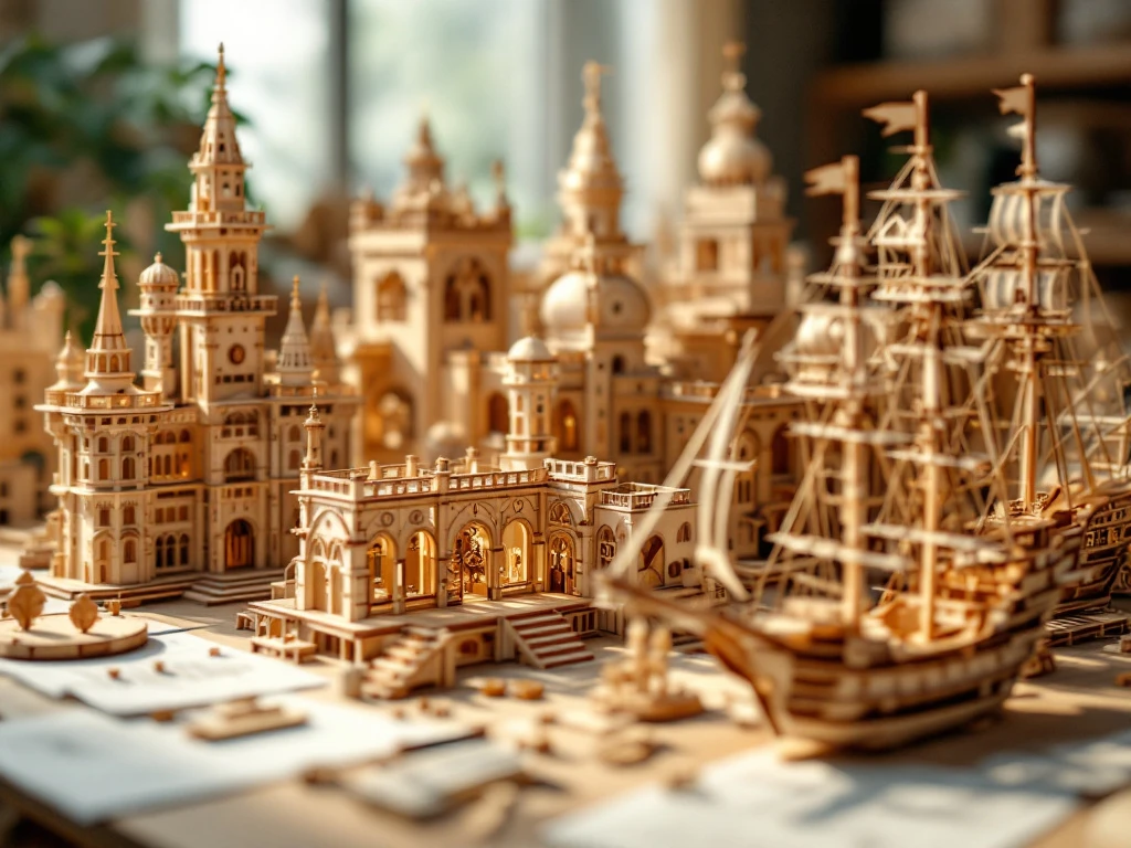 Wooden construction kits including castles, ships, and clockwork puzzles in various assembly stages on oak workbench