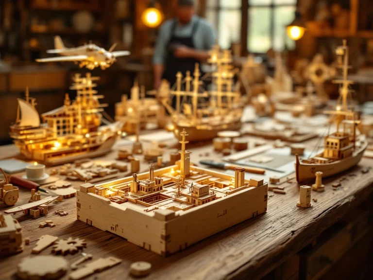 Wooden construction kits and model planes on oak workbench with tools and assembly instructions in warm lighting