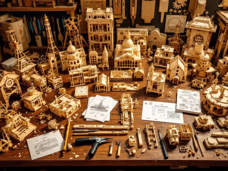 Premium wooden construction kits arranged on walnut workbench with laser-cut pieces, instruction booklets, and tools