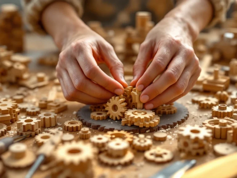 Hands assembling wooden construction kit pieces on oak workbench with mechanical models and crafting tools in background