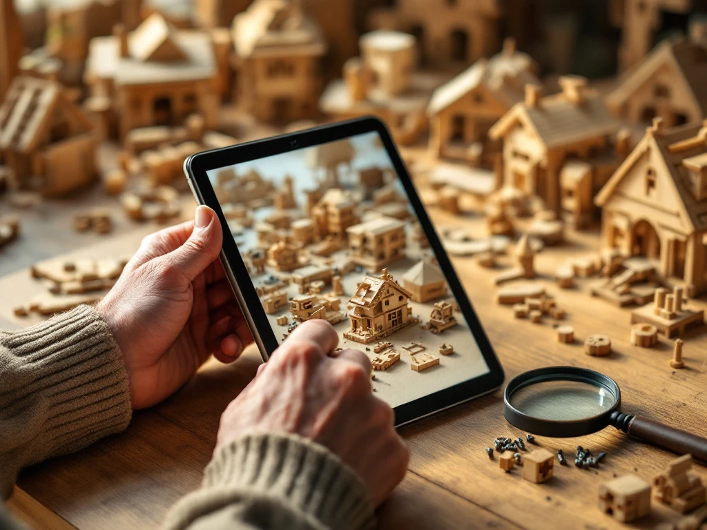 Weathered hands reading wooden construction kit review on tablet at oak workbench with scattered model pieces and tools