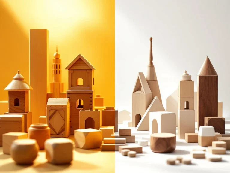 Split-screen vergelijking van traditionele houten blokken links en moderne houten bouwsets rechts met contrasterende verlichting.