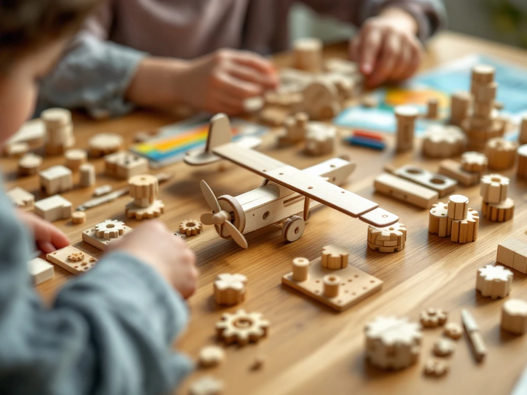 Child assembling wooden airplane model with premium construction toy blocks, gears, and tools on oak surface