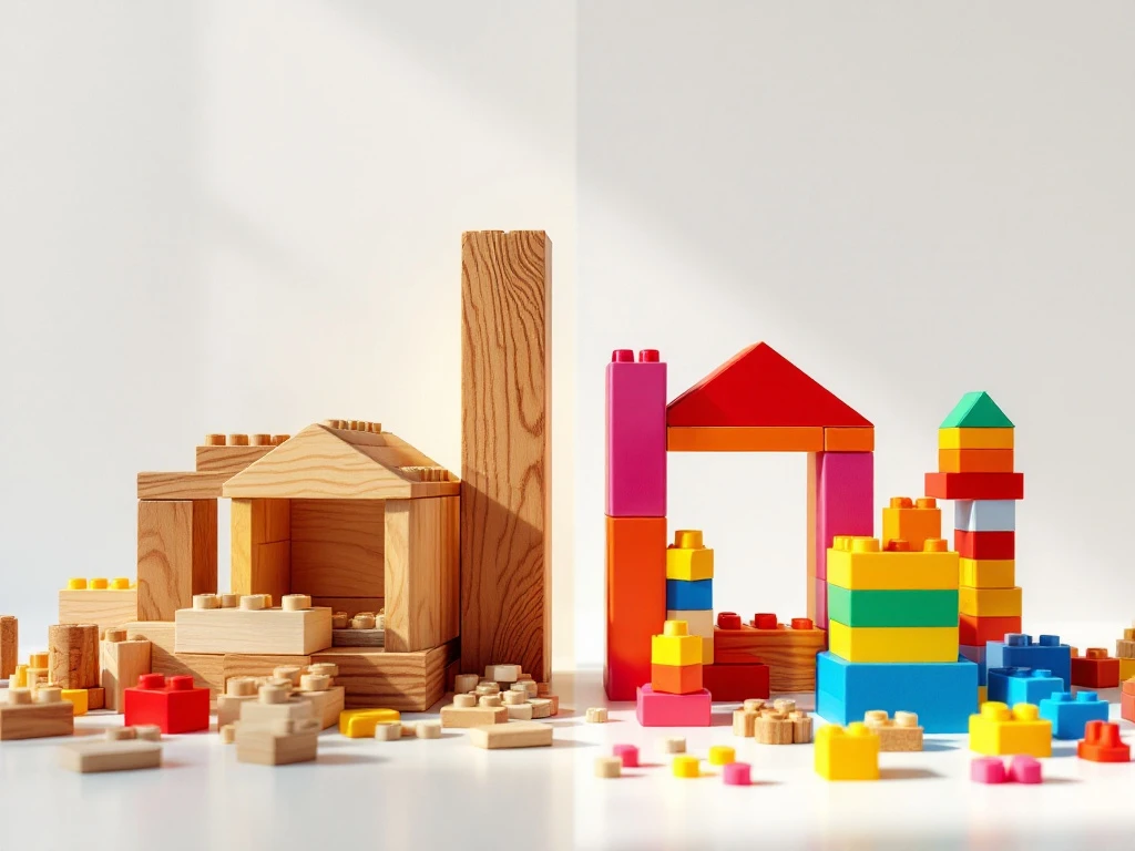 Split-screen showing wooden building blocks with natural grain on left, colorful plastic construction pieces on right.