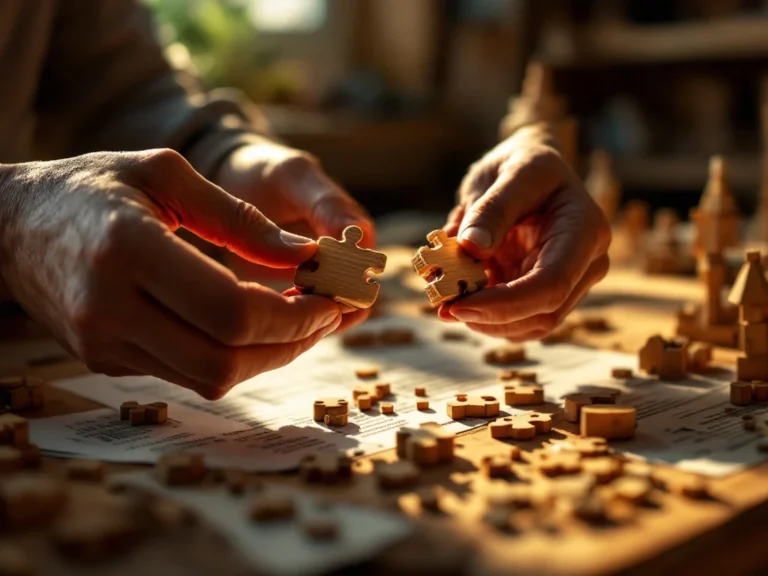 Hands holding broken wooden puzzle pieces with scattered instruction manual and components on workbench