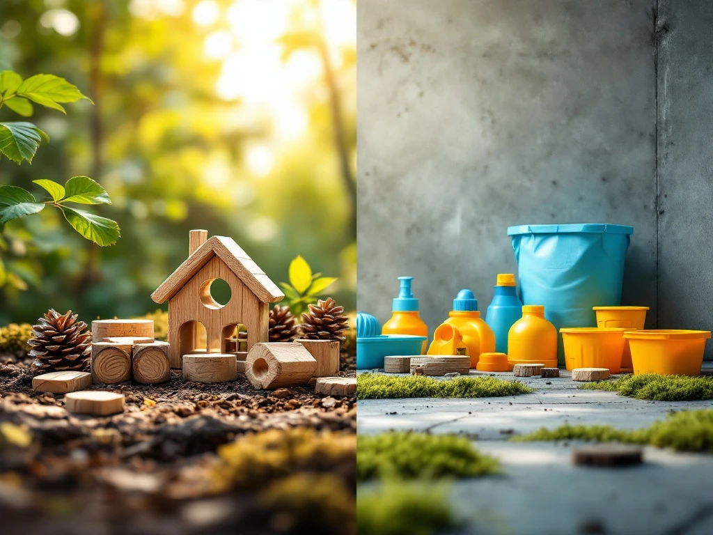 Split scene contrasting natural wooden construction toys with pine cones and moss against industrial plastic toys on concrete