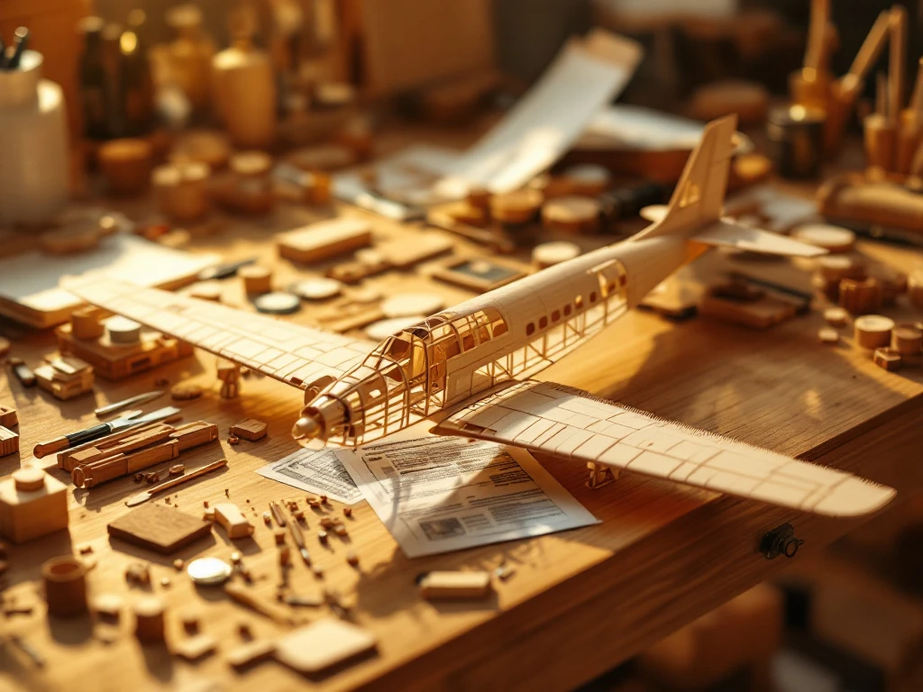 Wooden model airplane kit with precision-cut pieces and assembly tools arranged on oak workbench in warm workshop lighting.