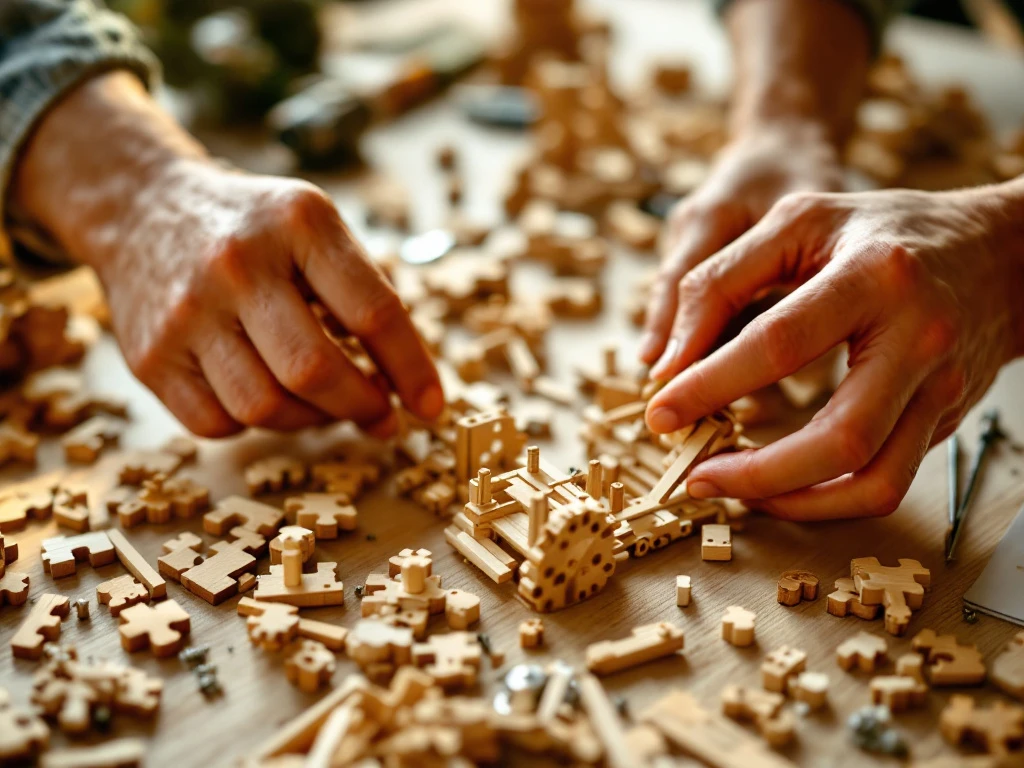 Hands assembling wooden construction kit on workbench with tools, screws, and wood pieces in warm natural light