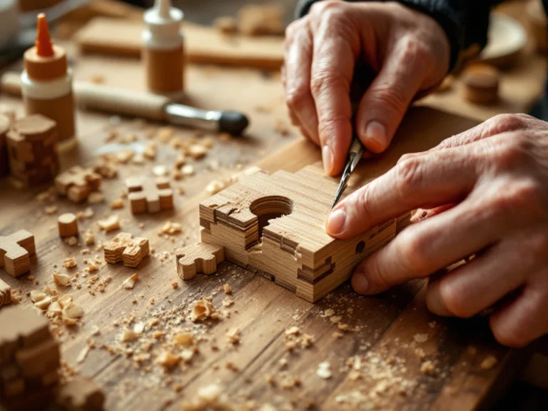 Hands repairing wooden construction kit piece with precision tools including chisels, wood glue, and sandpaper on workbench