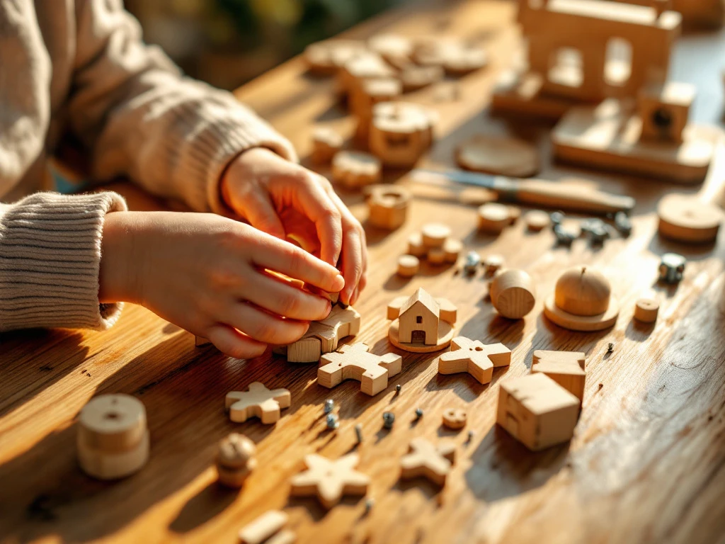 Child's hands assembling wooden construction kit with tools and pieces on oak table in natural lighting.