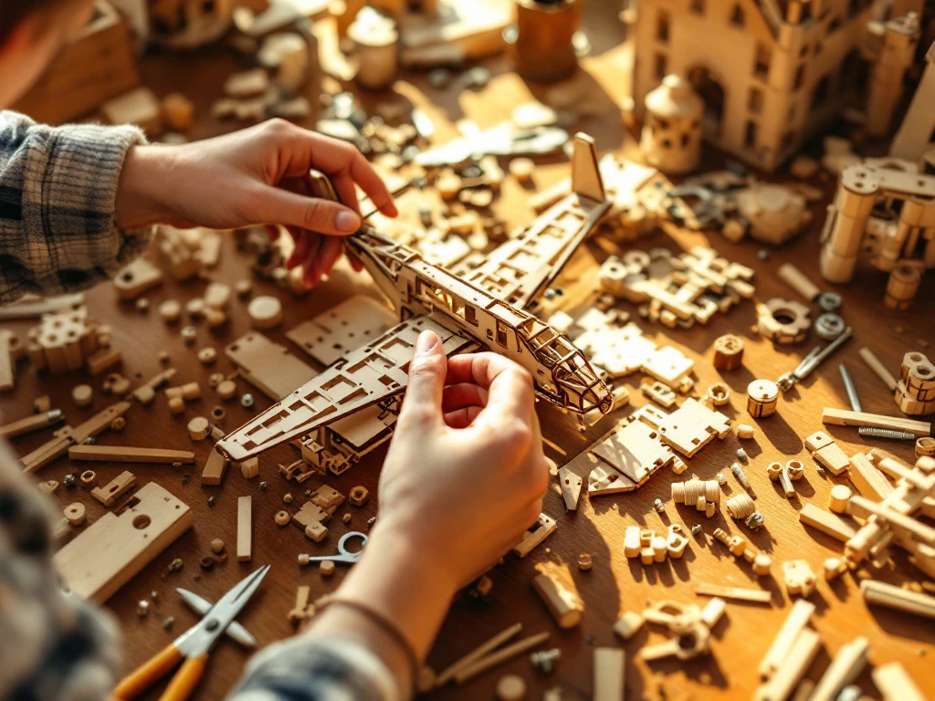 Child's hands assembling wooden airplane construction kit with tools and parts on wooden table in natural light.