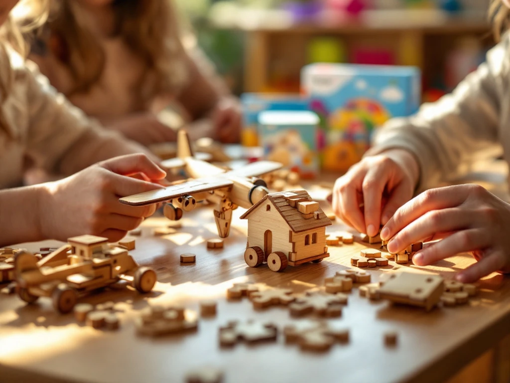 Children's hands assembling wooden airplane and car construction kits on classroom desk with educational materials