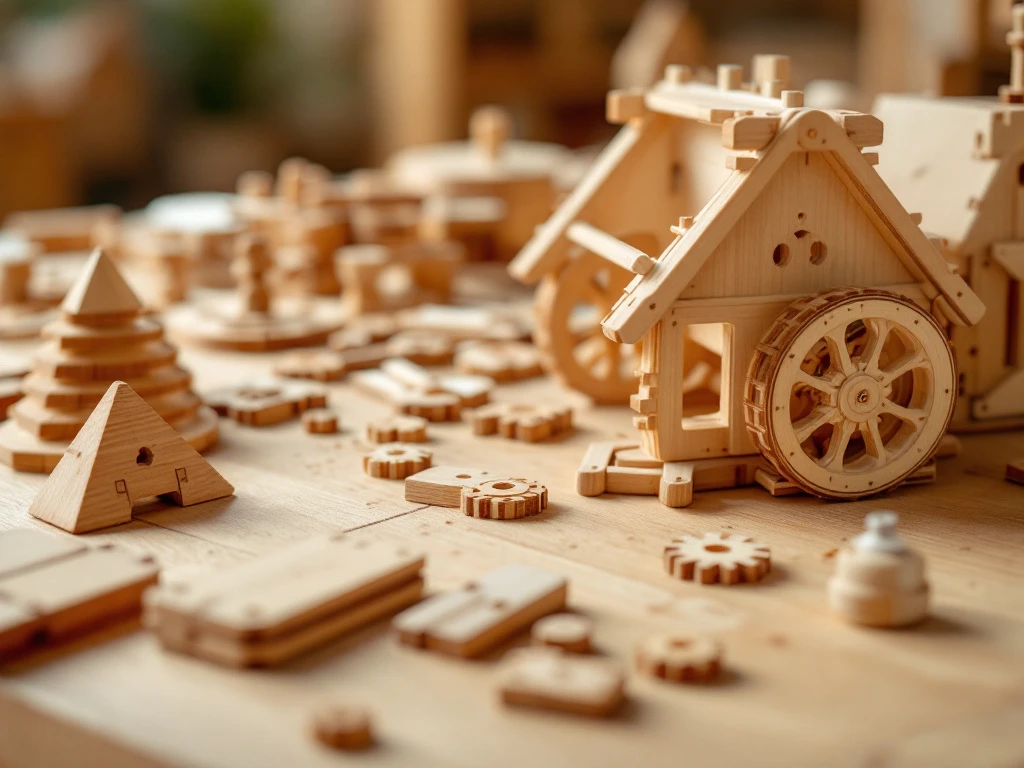 Premium wooden construction kit components with smooth birch pieces, precision joints, and partially assembled model on workbench