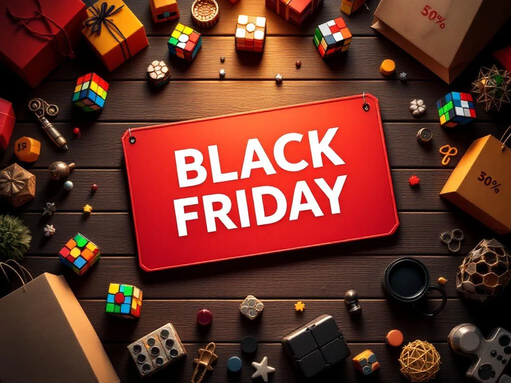 Black Friday-tag omringd door kleurrijke puzzels, speedcubes en fidget toys op houten tafel met kortingslabels
