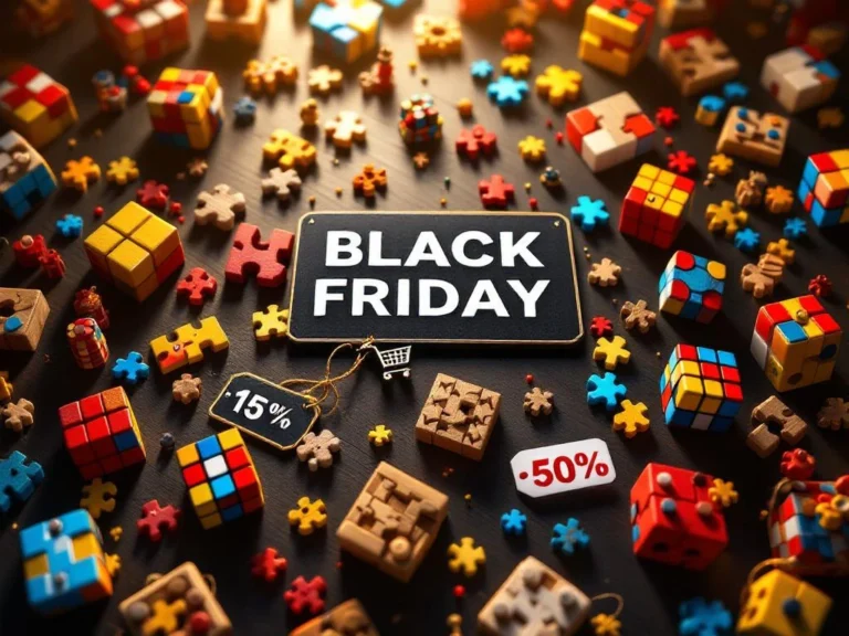 Black Friday sale van kleurrijke puzzels en hersenkrakers met kortingslabels op donker houten oppervlak, bovenaanzicht