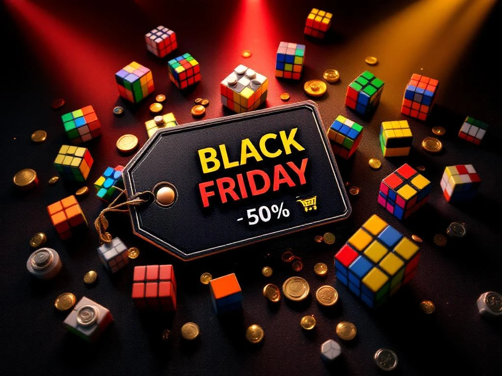 Black Friday kortingsactie met kleurrijke Rubik's kubes en hersenkrakers op zwarte achtergrond met rode en gele spotlights