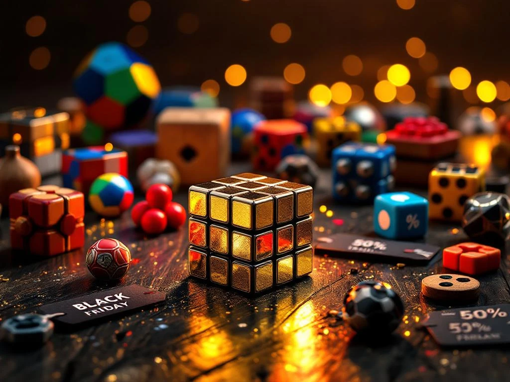 Kleurrijke speedcubes en hersenkrakers met Black Friday kortingslabels op donker houten tafel met dramatische belichting