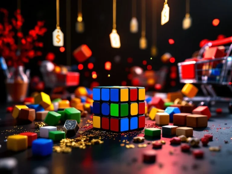 Kleurrijke speedcubes en hersenkrakers op donkere ondergrond met dramatische belichting tijdens Black Friday uitverkoop